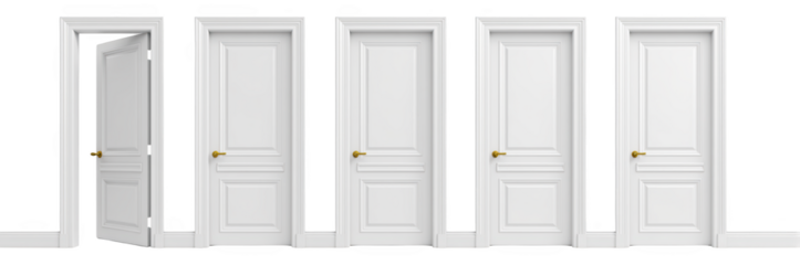 White doors in row, showcasing various positions, symbolize choices and opportunities. clean design evokes sense of simplicity and elegance