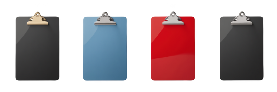 Colorful clipboards in various shades, including black, blue, red, and gray, arranged neatly. Perfect for organizing notes and documents - Powered by Adobe