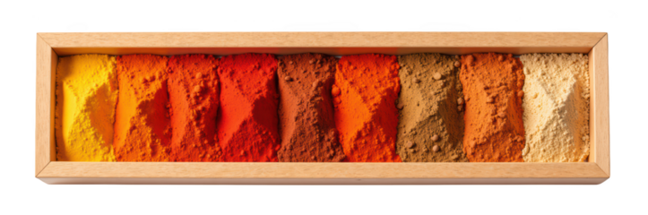 Colorful spices arranged in wooden tray, showcasing vibrant hues of yellow, orange, and brown, creating warm and inviting atmosphere