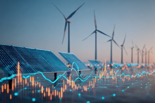 Solar panels and wind turbines on a landscape with energy data visualizations