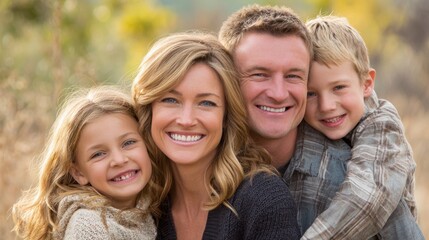 Fototapeta premium Family Portrait of happiness: A radiant family of four shares a heartwarming moment, their smiles reflecting the joy of togetherness and the beauty of genuine connection. 
