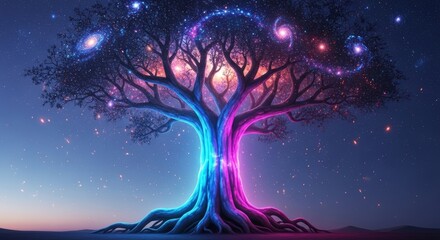 An enchanting celestial tree with roots grounded in the night sky, its branches adorned with swirling galaxies. A breathtaking masterpiece with vibrant colors and an ethereal ambiance.
