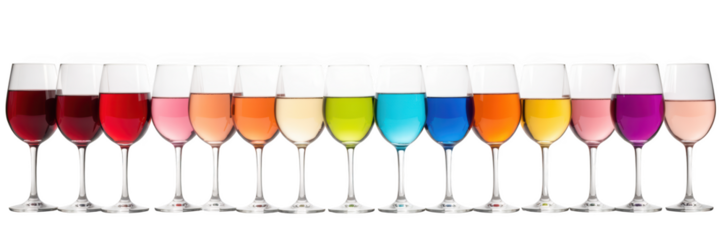 Colorful drinks in elegant glasses arranged in row, showcasing vibrant spectrum of hues. Perfect for celebrations or gatherings