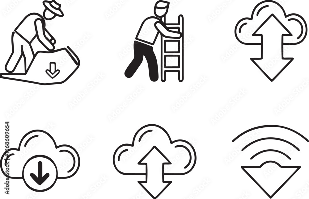 Poster upload and download line art vector icon set. ux ui flat black outline icons for web and app. editab