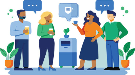 Diverse group of colleagues in a casual meeting, discussing ideas and drinking coffee in a modern office setting