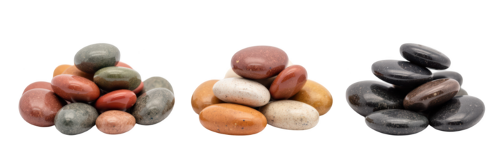 Smooth pebbles in various colors arranged in three distinct piles, showcasing natural beauty and texture. Perfect for decoration or landscaping