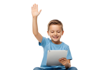 A Young Boy With a Bright Smile Raises His Hand While Holding a Tablet