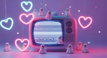 Ghostly Broadcast: Adorable Phantoms and Neon Hearts Surround a Static-Filled Retro TV