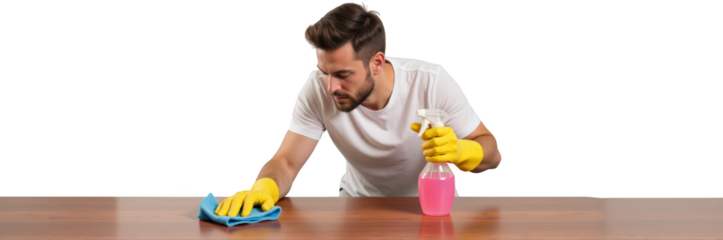 Man wearing yellow gloves cleans wooden table with blue cloth and pink spray bottle, showcasing focused expression