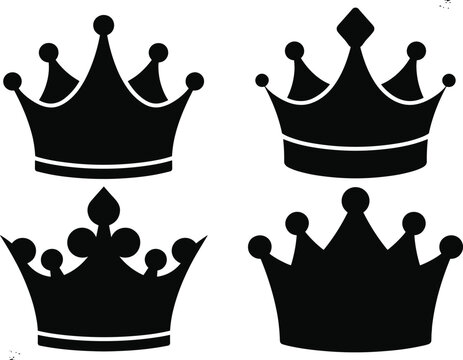 Black and white crown icons, royal vector illustrations, monarchy symbol graphics, regal silhouette designs, majestic coronation elements, luxury emblem art, king queen symbols