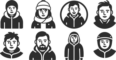Black and white vector avatar icons, diverse people portraits, minimal face illustrations, profile pictures, user icons, character design, digital identity graphics