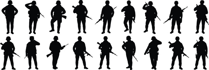 Silhouette soldiers, military poses, armed forces, rifle holding, army stance, combat readiness, war heroes, defense force, patriotic troops, battlefield posture