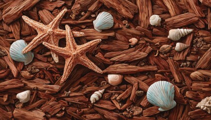 Seashells and starfish on wood chips (5)