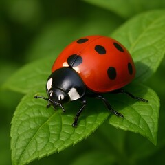 Red Ladybug Resting on Fresh Green Leaf Macro Closeup