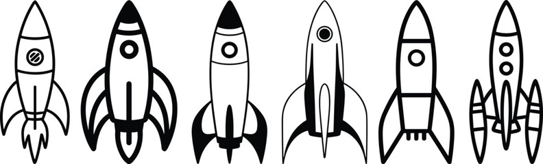 Black and white rocket icons, space exploration symbols, spaceship silhouette set, futuristic spacecraft design, aerospace engineering concept, launch vehicle illustration collection
