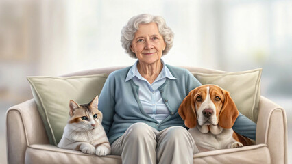 Obraz na płótnie Canvas Elderly woman sitting on sofa with dog and cat, peaceful and content expression, cozy indoor setting with soft cushions and natural light