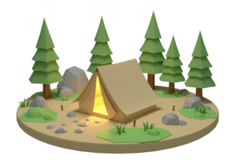 Cozy campsite with glowing tent and pine trees isolated on transparent background