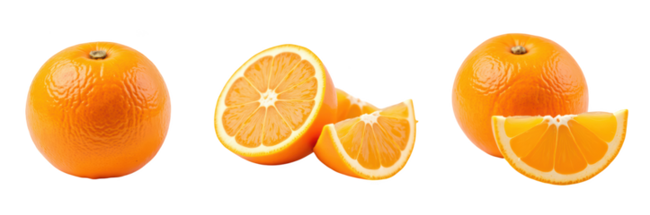 Fresh oranges, whole and sliced, showcasing vibrant orange color and juicy texture, perfect for healthy snacks or beverages
