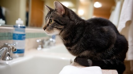 Curious cat observes the bathroom sink while perched on a counter in a well-lit indoor setting