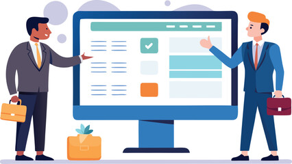 Two businessmen discussing a project on a large computer screen