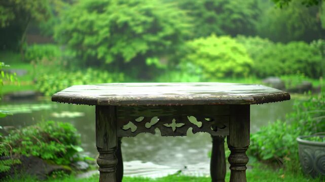Rain-covered wooden table outdoors