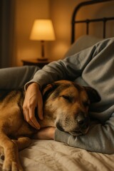 Obraz premium Peaceful moment: person and dog relaxing on a cozy sofa in ambient lighting