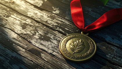 Illuminated medal on rustic wood celebrating achievement and triumph symbolizing hard work