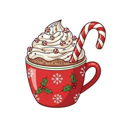 Cozy christmas hot chocolate with whipped cream candy cane and festive holly snowflakes in a red mug