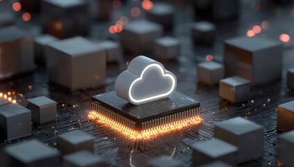 Cloud computing concept, 3D rendering of a cloud icon on a circuit board