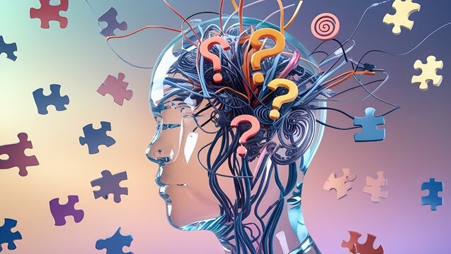 AI-Generated Abstract Brain in Transparent Head Surrounded by Puzzle Pieces and Questions