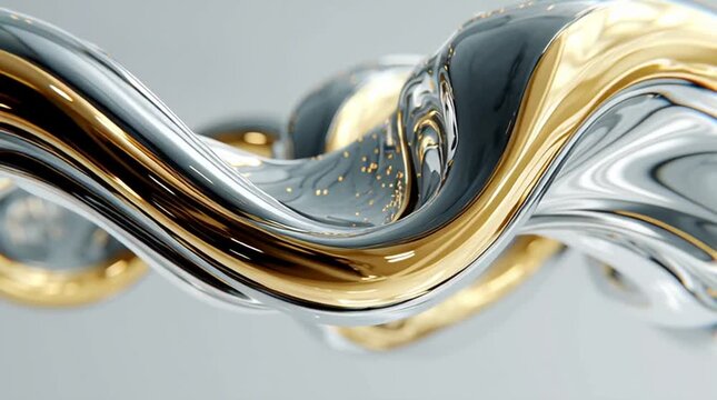 Flowing liquid metal shapes create an abstract representation of modern technology and innovation against a clean background