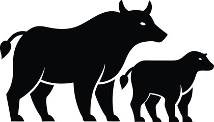 Obraz premium Silhouette of Cow and Calf: A striking silhouette depicts the serene harmony between a cow and its calf, rendered in minimalist black and white. Evoking the bond of motherhood.