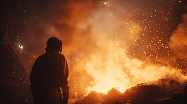 A powerful, cinematic full HD shot of a foundry worker standing near a furnace, their body language conveying a deep focus as they watch the molten metal flow, with sparks flying and steam rising arou - Powered by Adobe