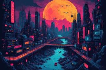 Neon Retrofuturism Cityscape with Vintage Sci-Fi Aesthetics