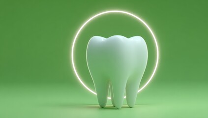 3D render of a tooth on a green background with a glowing circle
