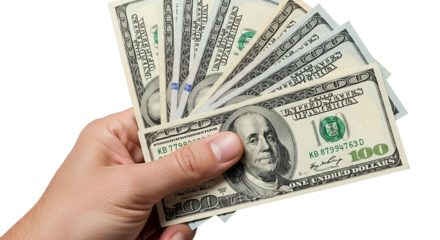 Hand with money cash american dollars in PNG isolated on transparent background



