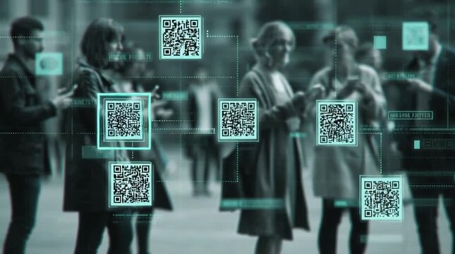 People engaging with QR codes and contactless payments in a modern smart city setting