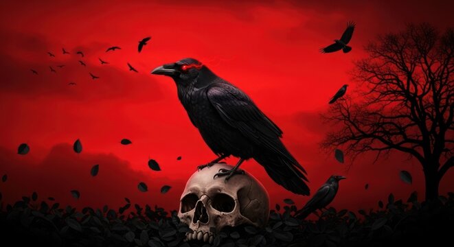 Gothic Sentinel: Black Raven with Fiery Eyes Atop a Skull Under a Blood-Red Sky