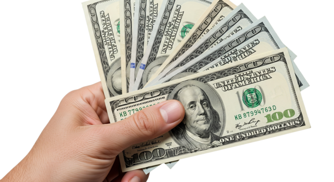 Hand with money cash american dollars in PNG isolated on transparent background



