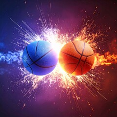 Fototapeta premium Dynamic Abstract Art Of Two Basketballs Impacting With Glowing Fire And Liquid Water Elements