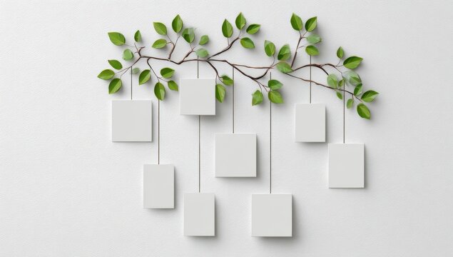 Square white placeholders hanging from a branch with green leaves