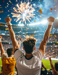 Triumph in the stadium: An ecstatic crowd celebrates victory amidst vibrant fireworks display