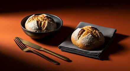 Artisan bread rolls with golden cutlery on a warm, inviting table setting ready to eat