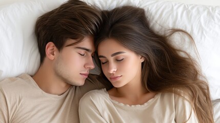 Young couple peacefully sleeping together on a cozy bed with soft white linens during the daytime