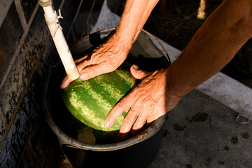 Grandfather holding a watermelon with both hands in a black bucket under running water from a white...