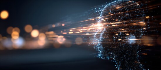 Abstract digital profile of a head, with blurred city lights
