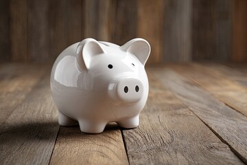 Shiny white piggy bank sits on a wooden surface, saving concept