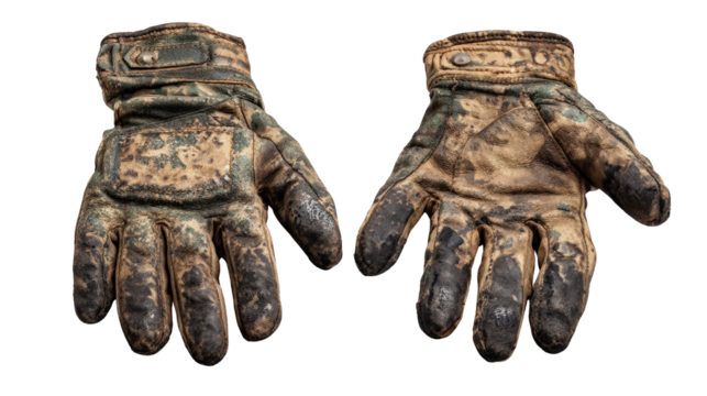 Pair of mechanic gloves with oil stains background isolated on a Transparent background, PNG file.