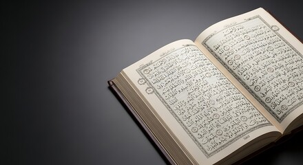 Fototapeta premium Open Quran with elegant calligraphy and verses, perfect for religious concepts and designs