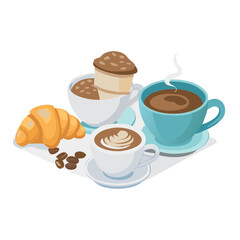 Coffee and pastry assortment, featuring cappuccino, latte, croissant and muffin for a delightful breakfast or snack